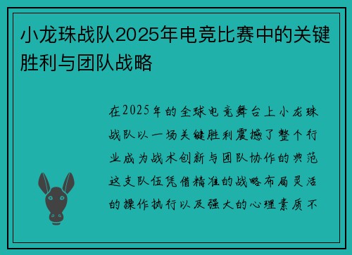 小龙珠战队2025年电竞比赛中的关键胜利与团队战略