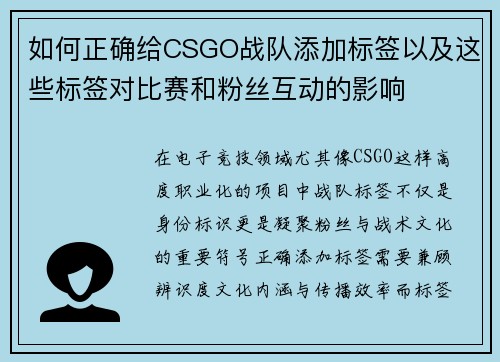 如何正确给CSGO战队添加标签以及这些标签对比赛和粉丝互动的影响