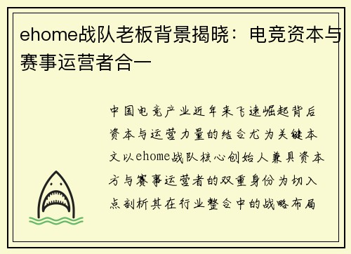 ehome战队老板背景揭晓：电竞资本与赛事运营者合一
